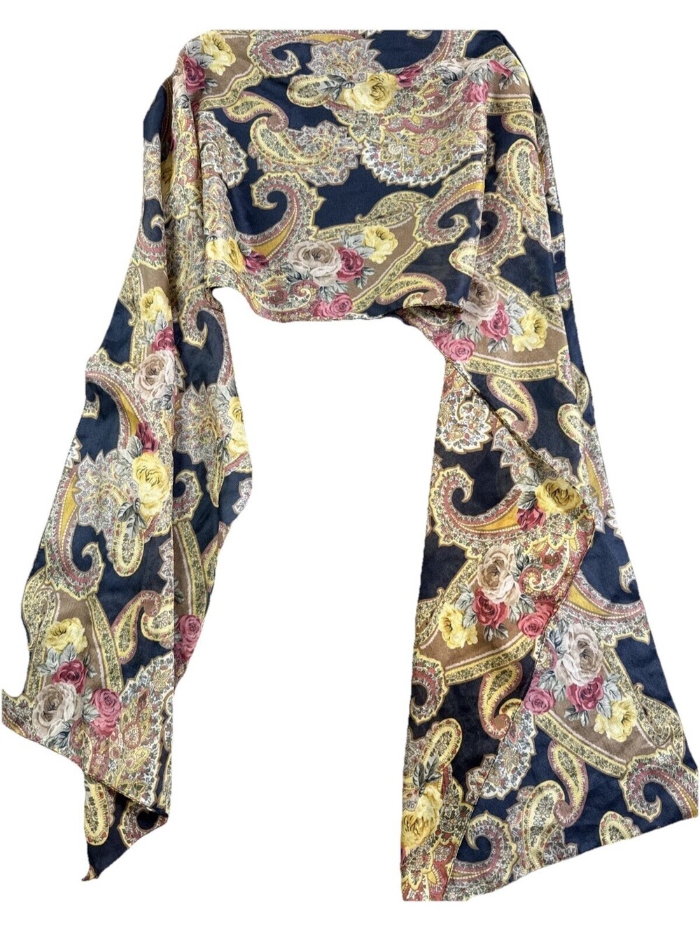 Vintage Silk Scarf Paisley Floral Rectangle Hand Rolled Cottagecore Hair Tie